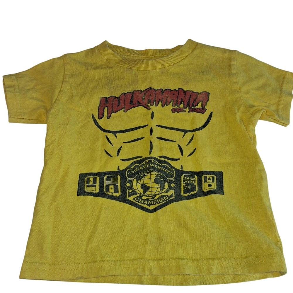 Hulkamania Championship Belt Toddler Tee Yellow Cut Tag WWF Wrestling Flawed